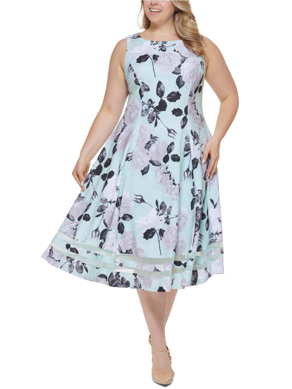 NEW Calvin Klein Midi Dress Sleeveless Mint Green Floral Illusion Hem Size 14